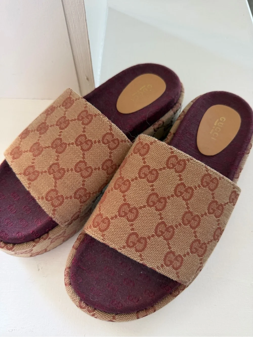 Platform Slide Sandals in Beige Monogram with Burgundy Footbed